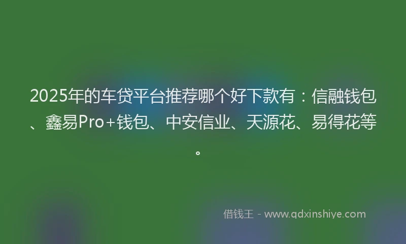 2025年的车贷平台推荐哪个好下款有：信融钱包、鑫易Pro+钱包、中安信业、天源花、易得花等。