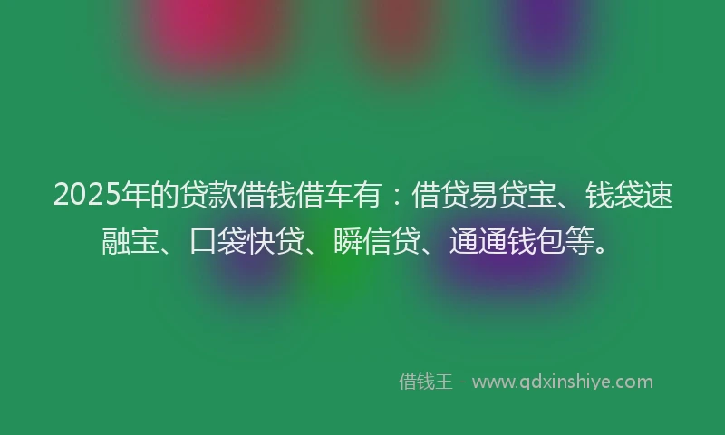 2025年的贷款借钱借车有：借贷易贷宝、钱袋速融宝、口袋快贷、瞬信贷、通通钱包等。
