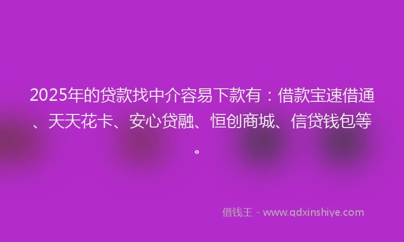 2025年的贷款找中介容易下款有：借款宝速借通、天天花卡、安心贷融、恒创商城、信贷钱包等。
