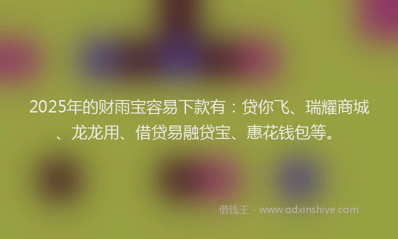 2025年的财雨宝容易下款有：贷你飞、瑞耀商城、龙龙用、借贷易融贷宝、惠花钱包等。