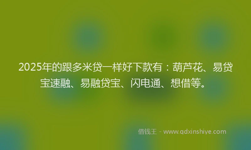 2025年的跟多米贷一样好下款有：葫芦花、易贷宝速融、易融贷宝、闪电通、想借等。