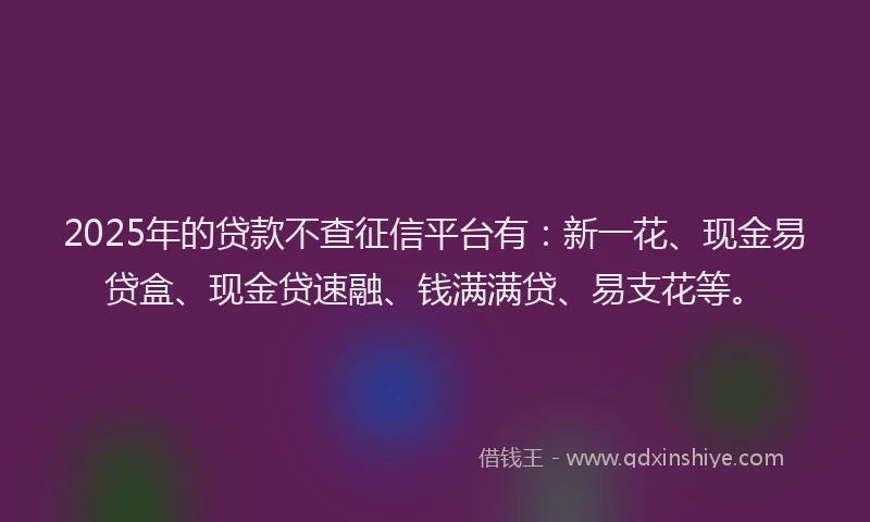 2025年的贷款不查征信平台有：新一花、现金易贷盒、现金贷速融、钱满满贷、易支花等。