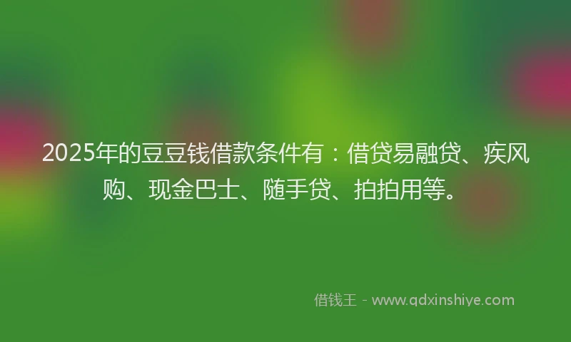 2025年的豆豆钱借款条件有：借贷易融贷、疾风购、现金巴士、随手贷、拍拍用等。