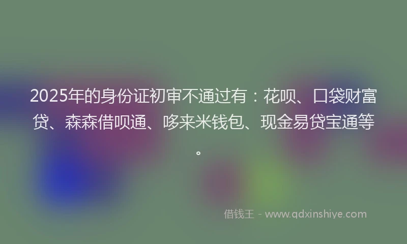 2025年的身份证初审不通过有：花呗、口袋财富贷、森森借呗通、哆来米钱包、现金易贷宝通等。