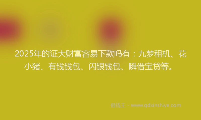 2025年的证大财富容易下款吗有：九梦租机、花小猪、有钱钱包、闪银钱包、瞬借宝贷等。