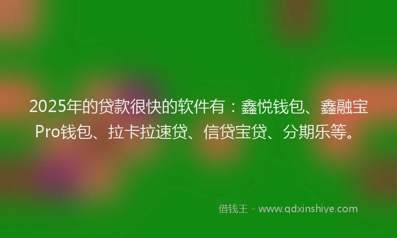 2025年的贷款很快的软件有：鑫悦钱包、鑫融宝Pro钱包、拉卡拉速贷、信贷宝贷、分期乐等。