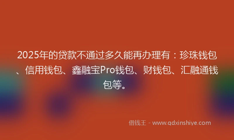 2025年的贷款不通过多久能再办理有：珍珠钱包、信用钱包、鑫融宝Pro钱包、财钱包、汇融通钱包等。