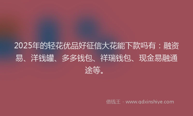 2025年的轻花优品好征信大花能下款吗有：融资易、洋钱罐、多多钱包、祥瑞钱包、现金易融通途等。