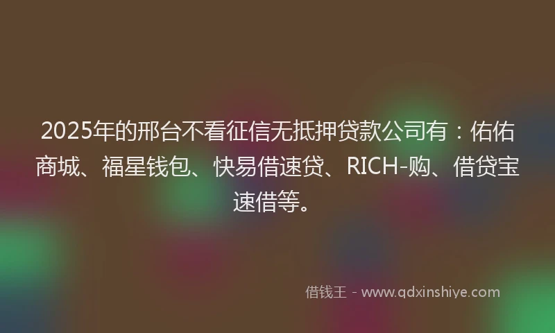 2025年的邢台不看征信无抵押贷款公司有：佑佑商城、福星钱包、快易借速贷、RICH-购、借贷宝速借等。