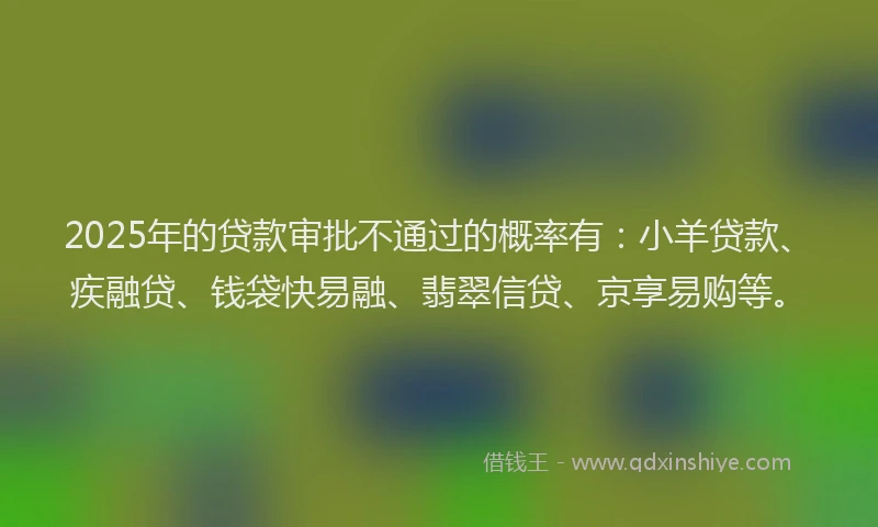 2025年的贷款审批不通过的概率有：小羊贷款、疾融贷、钱袋快易融、翡翠信贷、京享易购等。