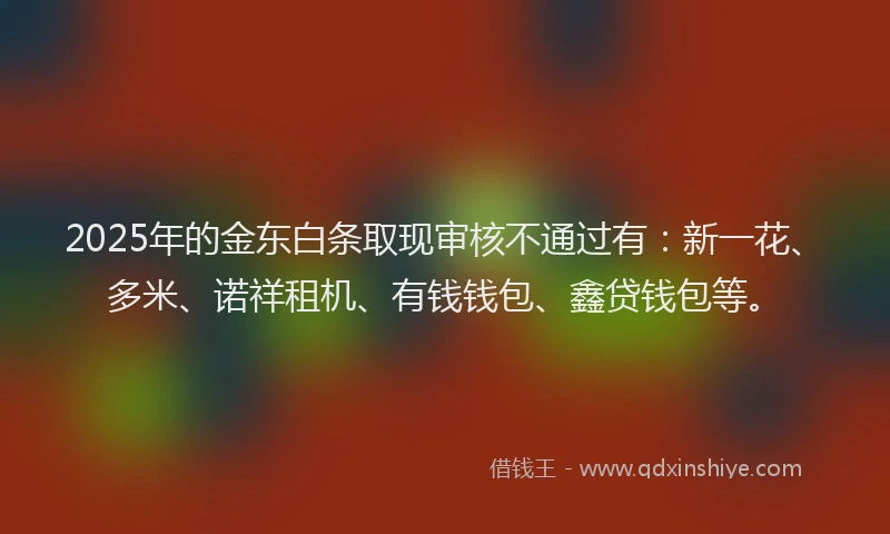 2025年的金东白条取现审核不通过有：新一花、多米、诺祥租机、有钱钱包、鑫贷钱包等。