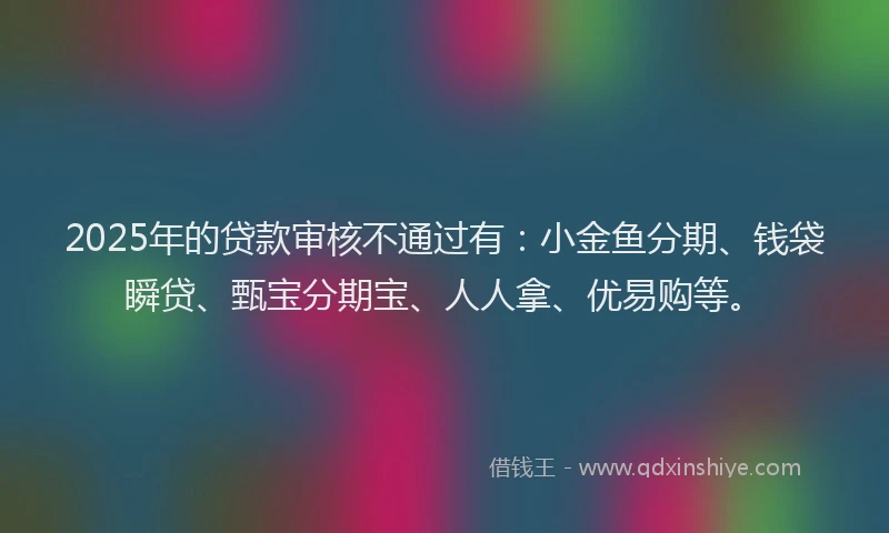 2025年的贷款审核不通过有：小金鱼分期、钱袋瞬贷、甄宝分期宝、人人拿、优易购等。