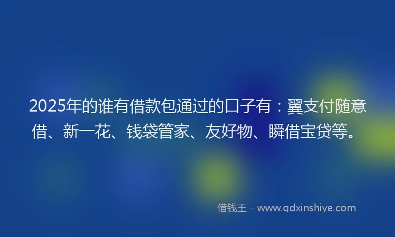 2025年的谁有借款包通过的口子有：翼支付随意借、新一花、钱袋管家、友好物、瞬借宝贷等。