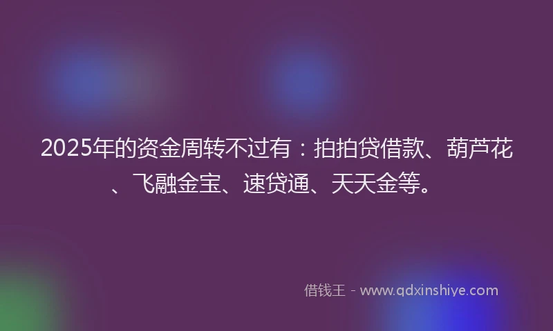 2025年的资金周转不过有：拍拍贷借款、葫芦花、飞融金宝、速贷通、天天金等。