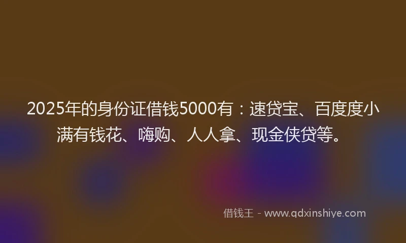 2025年的身份证借钱5000有：速贷宝、百度度小满有钱花、嗨购、人人拿、现金侠贷等。