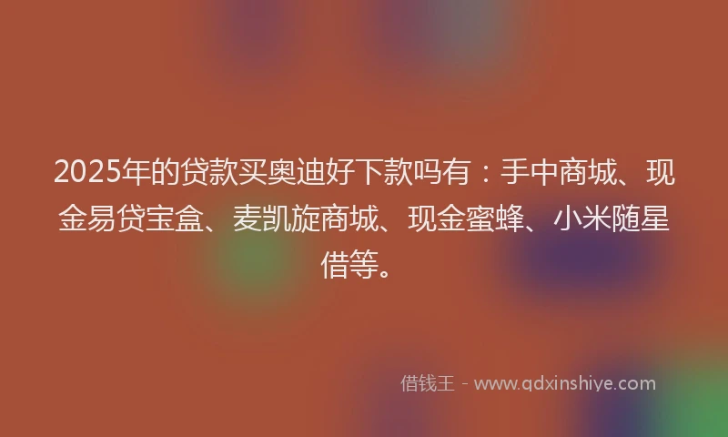2025年的贷款买奥迪好下款吗有：手中商城、现金易贷宝盒、麦凯旋商城、现金蜜蜂、小米随星借等。