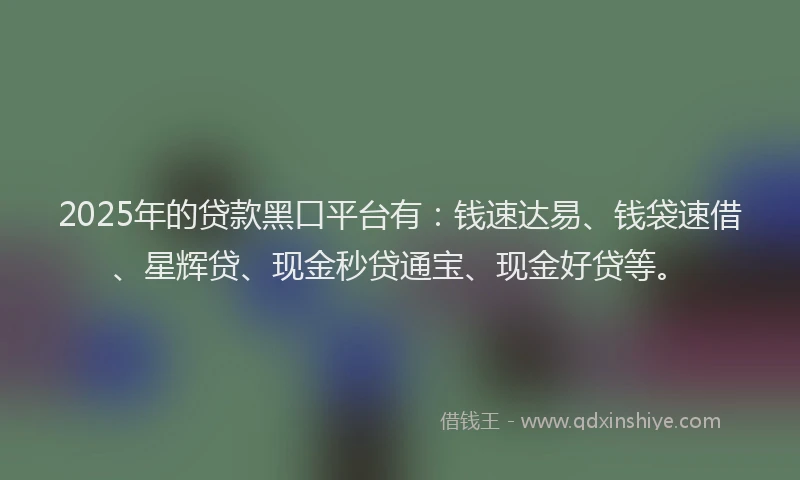 2025年的贷款黑口平台有：钱速达易、钱袋速借、星辉贷、现金秒贷通宝、现金好贷等。