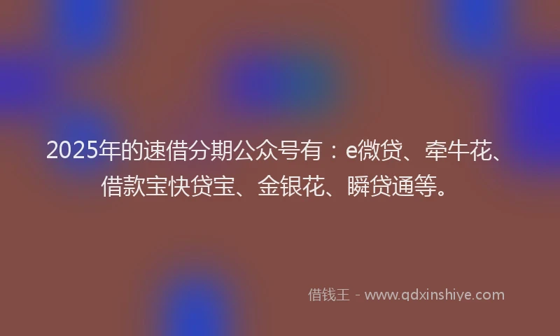 2025年的速借分期公众号有：e微贷、牵牛花、借款宝快贷宝、金银花、瞬贷通等。