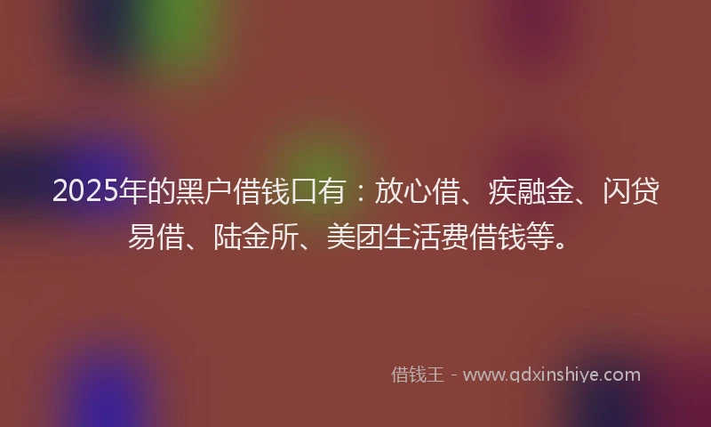 2025年的黑户借钱口有：放心借、疾融金、闪贷易借、陆金所、美团生活费借钱等。
