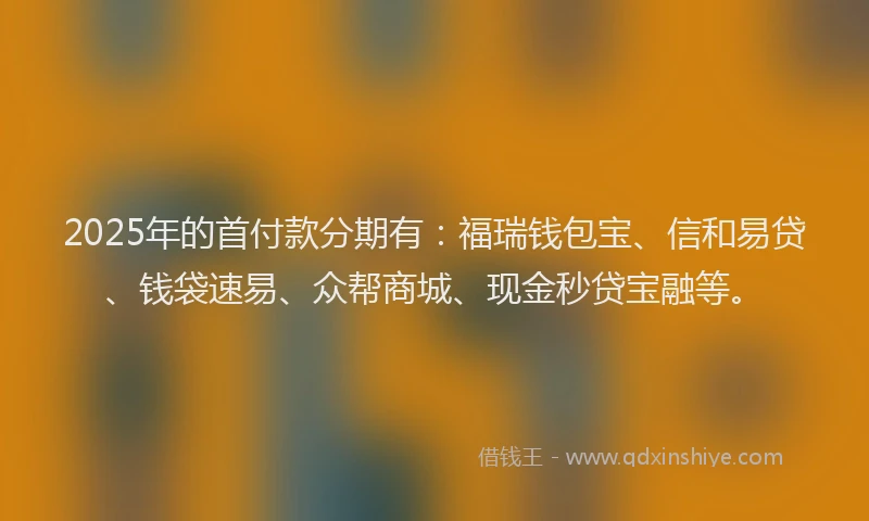 2025年的首付款分期有：福瑞钱包宝、信和易贷、钱袋速易、众帮商城、现金秒贷宝融等。