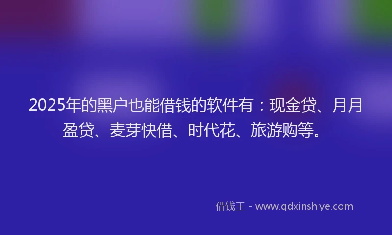 2025年的黑户也能借钱的软件有：现金贷、月月盈贷、麦芽快借、时代花、旅游购等。