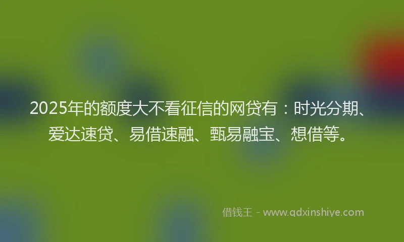 2025年的额度大不看征信的网贷有：时光分期、爱达速贷、易借速融、甄易融宝、想借等。