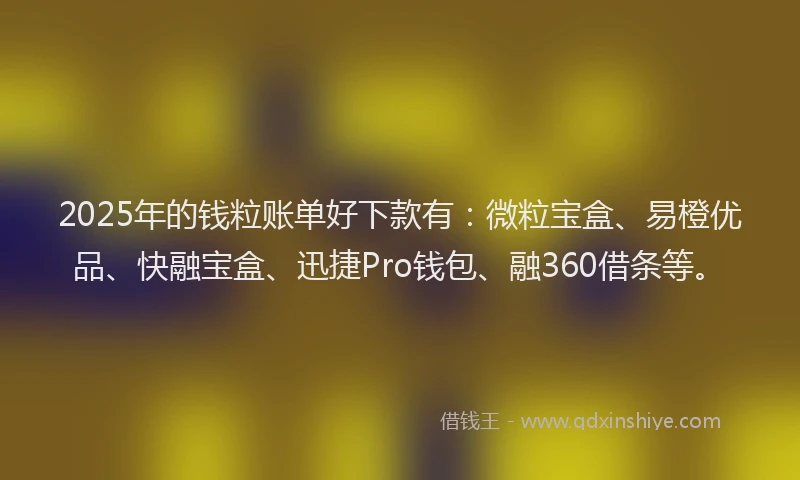 2025年的钱粒账单好下款有：微粒宝盒、易橙优品、快融宝盒、迅捷Pro钱包、融360借条等。