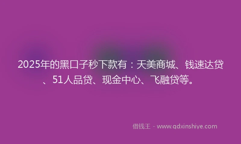2025年的黑口子秒下款有：天美商城、钱速达贷、51人品贷、现金中心、飞融贷等。