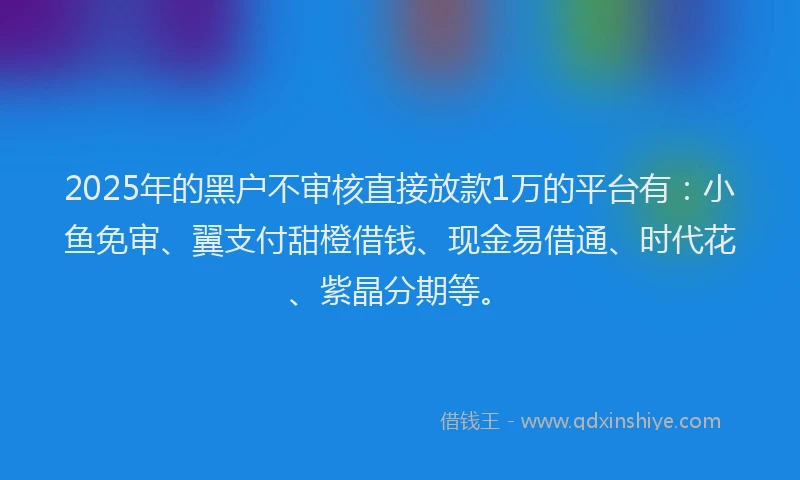 2025年的黑户不审核直接放款1万的平台有：小鱼免审、翼支付甜橙借钱、现金易借通、时代花、紫晶分期等。