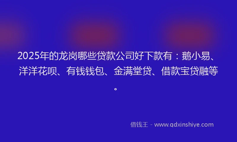2025年的龙岗哪些贷款公司好下款有：鹅小易、洋洋花呗、有钱钱包、金满堂贷、借款宝贷融等。