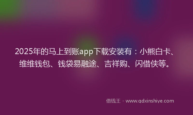 2025年的马上到账app下载安装有：小熊白卡、维维钱包、钱袋易融途、吉祥购、闪借侠等。
