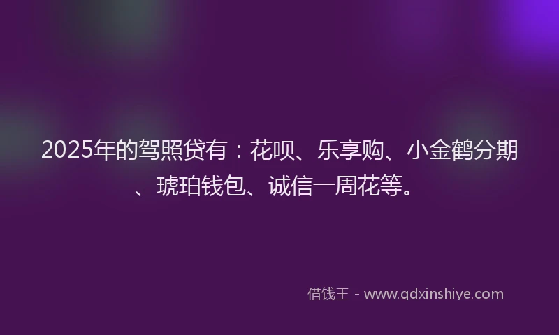 2025年的驾照贷有：花呗、乐享购、小金鹤分期、琥珀钱包、诚信一周花等。