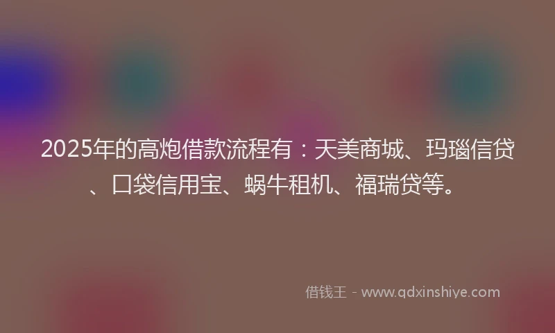 2025年的高炮借款流程有：天美商城、玛瑙信贷、口袋信用宝、蜗牛租机、福瑞贷等。