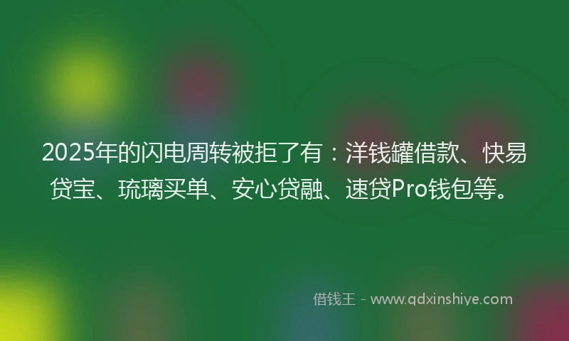 2025年的闪电周转被拒了有：洋钱罐借款、快易贷宝、琉璃买单、安心贷融、速贷Pro钱包等。