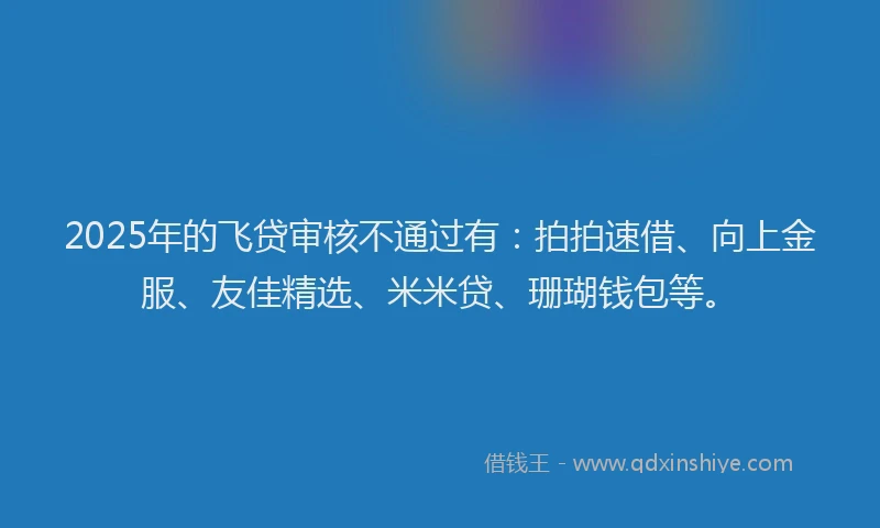 2025年的飞贷审核不通过有：拍拍速借、向上金服、友佳精选、米米贷、珊瑚钱包等。
