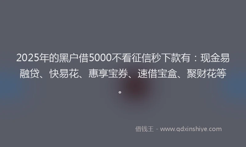 2025年的黑户借5000不看征信秒下款有：现金易融贷、快易花、惠享宝券、速借宝盒、聚财花等。