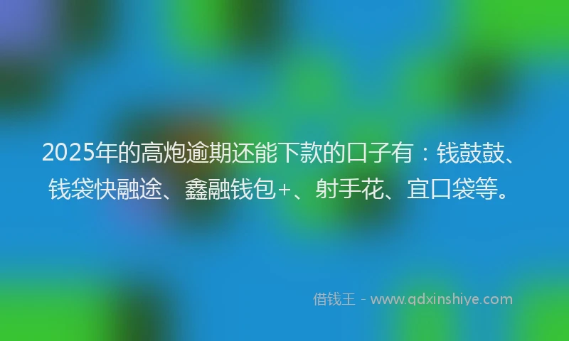 2025年的高炮逾期还能下款的口子有：钱鼓鼓、钱袋快融途、鑫融钱包+、射手花、宜口袋等。