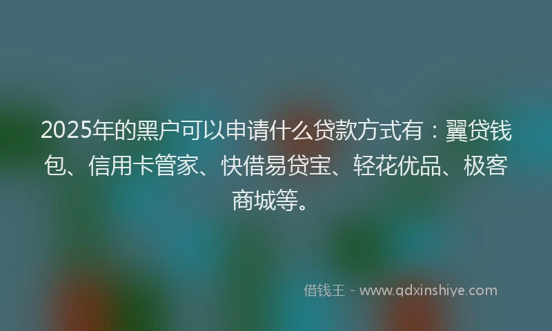 2025年的黑户可以申请什么贷款方式有：翼贷钱包、信用卡管家、快借易贷宝、轻花优品、极客商城等。