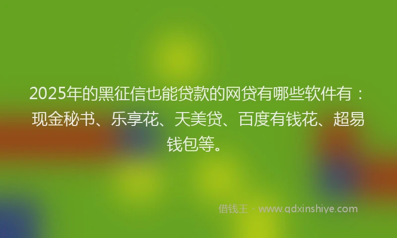 2025年的黑征信也能贷款的网贷有哪些软件有：现金秘书、乐享花、天美贷、百度有钱花、超易钱包等。