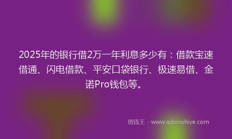 2025年的银行借2万一年利息多少有：借款宝速借通、闪电借款、平安口袋银行、极速易借、金诺Pro钱包等。