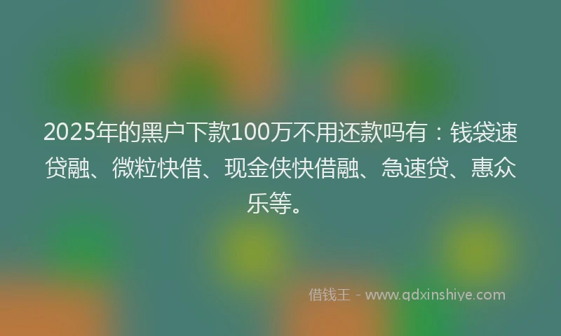 2025年的黑户下款100万不用还款吗有：钱袋速贷融、微粒快借、现金侠快借融、急速贷、惠众乐等。