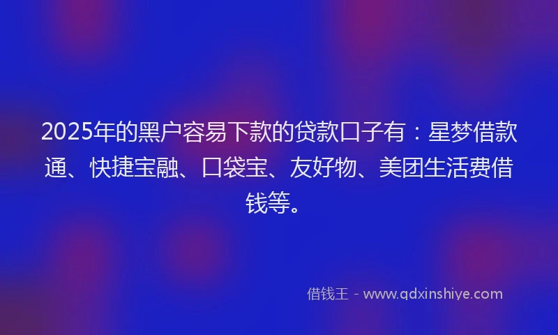 2025年的黑户容易下款的贷款口子有：星梦借款通、快捷宝融、口袋宝、友好物、美团生活费借钱等。
