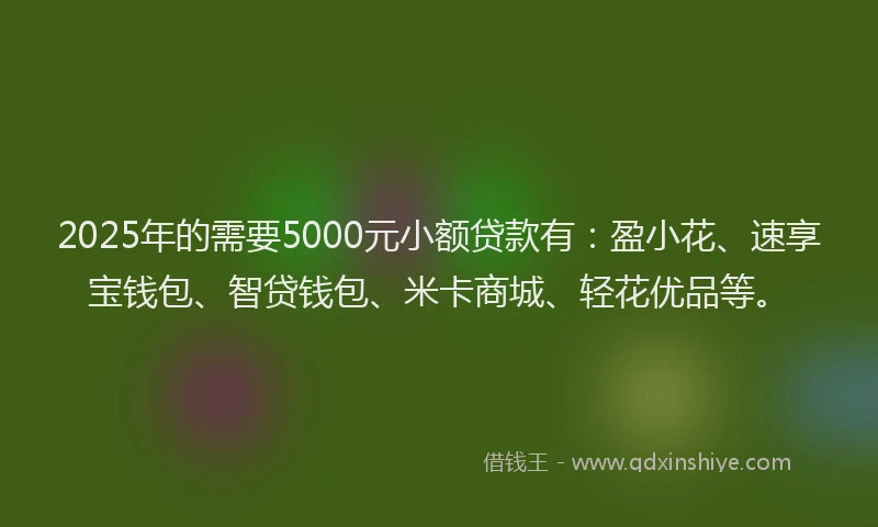 2025年的需要5000元小额贷款有：盈小花、速享宝钱包、智贷钱包、米卡商城、轻花优品等。