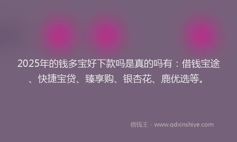 2025年的钱多宝好下款吗是真的吗有：借钱宝途、快捷宝贷、臻享购、银杏花、鹿优选等。