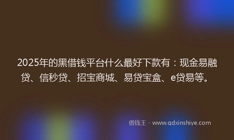 2025年的黑借钱平台什么最好下款有：现金易融贷、信秒贷、招宝商城、易贷宝盒、e贷易等。