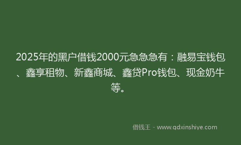2025年的黑户借钱2000元急急急有：融易宝钱包、鑫享租物、新鑫商城、鑫贷Pro钱包、现金奶牛等。