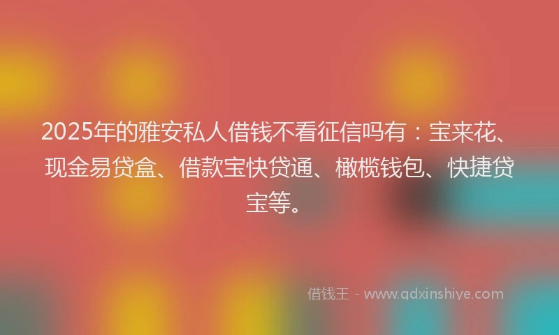 2025年的雅安私人借钱不看征信吗有：宝来花、现金易贷盒、借款宝快贷通、橄榄钱包、快捷贷宝等。