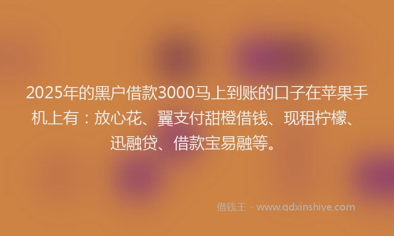 2025年的黑户借款3000马上到账的口子在苹果手机上有：放心花、翼支付甜橙借钱、现租柠檬、迅融贷、借款宝易融等。