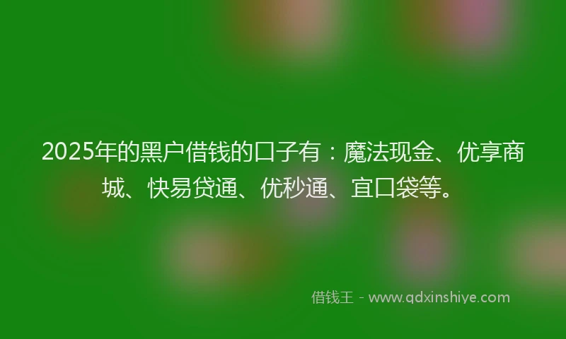 2025年的黑户借钱的口子有：魔法现金、优享商城、快易贷通、优秒通、宜口袋等。