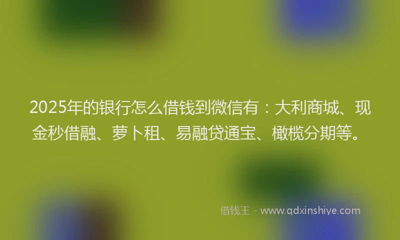 2025年的银行怎么借钱到微信有：大利商城、现金秒借融、萝卜租、易融贷通宝、橄榄分期等。